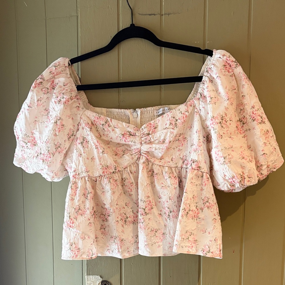 English Factory Floral Puff-Sleeve Pink Crop Top